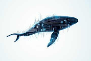 Poster - A simple whale silhouette filled with faint circuit marks features against a neutral background. This artwork explores the fusion of marine life and technology in a serene midday setting