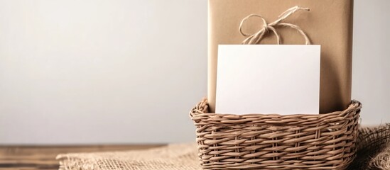 Poster - Greeting Card Invitation Mockup Displayed in a Basket with Blank Space for Custom Text and Decorative Brown Packaging