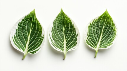 Poster - Hosta plant leaves with distinct white edges arranged on a flat white background showcasing their unique textures and colors