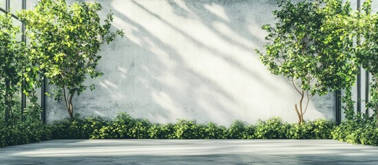 Poster - Serene greenhouse interior featuring vibrant trees flanking an empty space for text or display, ideal for nature-themed designs.