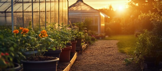 Wall Mural - Greenhouse with Potted Ornamental Plants at Sunset Featuring Empty Copy Space for Text