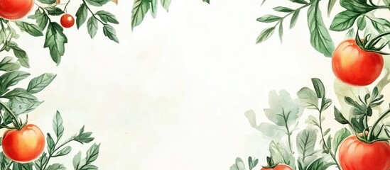 Poster - Vibrant Greenhouse Grown Tomatoes Surrounded by Lush Foliage with Clean Copy Space for Text or Marketing Messages