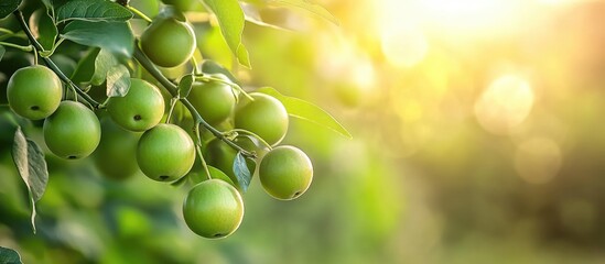 Poster - Organic Greengage Fruit Trees in Sunlit Garden with Copy Space for Text Highlighting Farm Market Scene and Fresh Produce