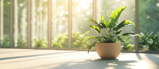 Poster - Greenhouse Interior with Sunlit Potted Plant and Natural Light Creating Serene Atmosphere for Text Placement