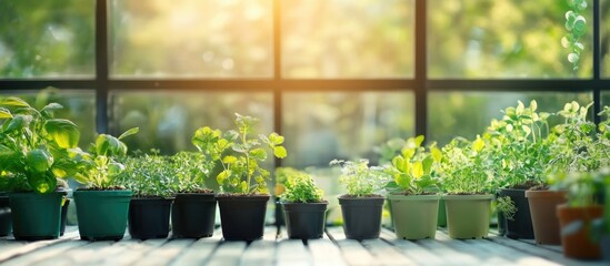 Poster - Greenhouse interior showcasing diverse potted plants with natural light and empty space for text or advertisements