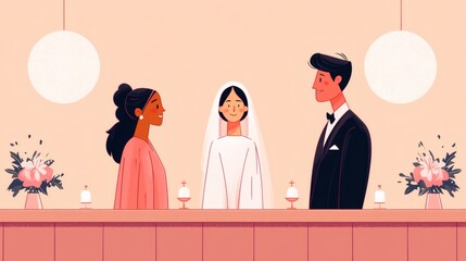 Poster - Illustration of a courtroom debate juxtaposed with a religious wedding Stock Photo with side copy space