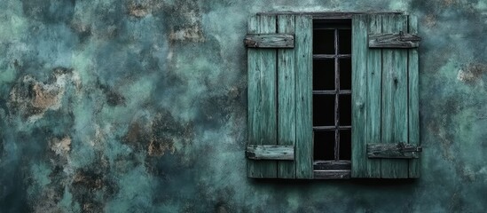 Poster - Green wooden shuttered window on a textured black plaster wall with ample empty space for overlaying text or designs