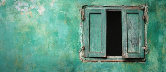 Poster - Green Wooden Shuttered Window on Textured Black Plaster Wall with Copy Space for Creative Use and Design Projects