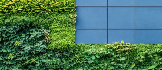 Poster - Modern architecture featuring green wall and surrounding plants promoting energy efficiency with ample space for text and design elements.