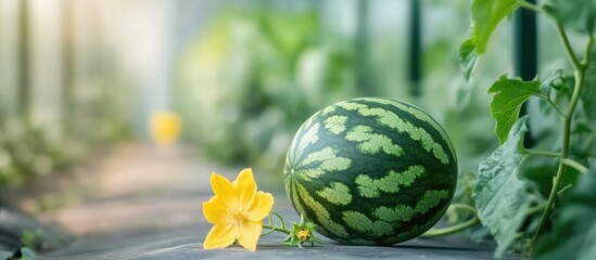 Poster - Fresh Watermelon and Yellow Flower in Greenhouse with Soft Focus Background and Empty Space for Text Placement