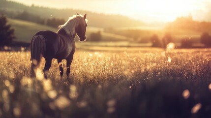 Poster - Horses silhouetted against a golden sunset in a vibrant field with a soft, dreamy background atmosphere