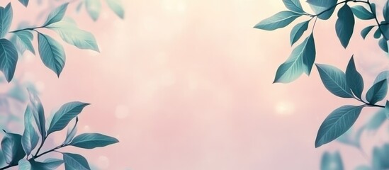 Poster - Spring background with green bokeh leaves on a pastel backdrop illuminated by sunlight ideal for natural banner design and text placement.