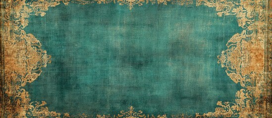 Poster - Vintage Grunge Tapestry Rug Texture Background in Green with Ornate Edges and Empty Space for Text or Design Elements