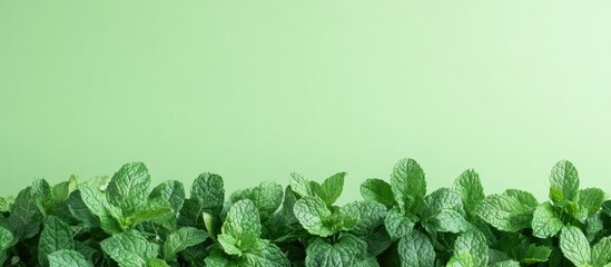 Poster - Mint Leaves on a Light Green Background with Empty Copy Space for Text and Fresh Natural Spring Aesthetic