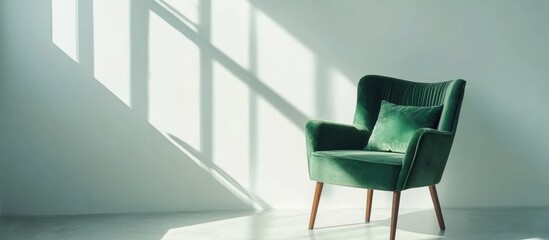 Poster - Elegant green velvet chair with cushion illuminated by natural light near a bright window creating empty space for your text or design.