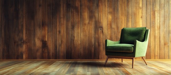 Poster - Stylish Green Upholstered Armchair in a Spacious Wooden Room with Ample Copy Space for Text or Design Elements