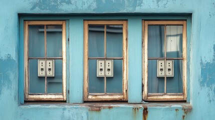 Poster - Windows of a vintage hotel with contrasting electrical switches showcasing unique architectural details and color variations.