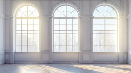 Poster - Modern classic interior with large arched windows allowing natural light in a serene and elegant space