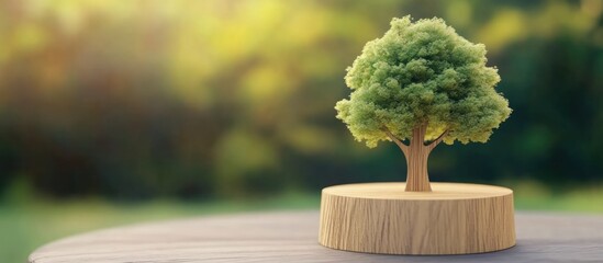Poster - wooden model of a green tree on a table with blurred nature background and copy space for text or cr