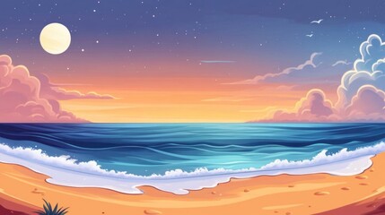 Poster - Serene beach sunset landscape with vibrant sky and gentle waves for website banners and backgrounds.