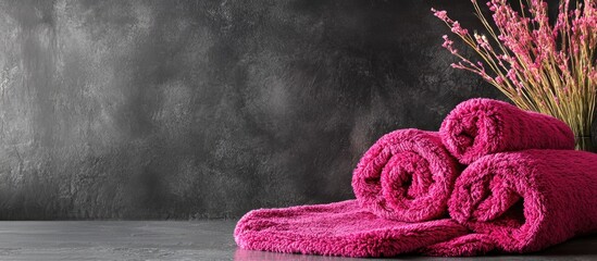 Poster - Hot pink chenille blankets elegantly arranged on a table with a textured background and space for text or advertising elements