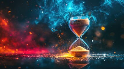 Poster - hourglass surrounded by colorful abstract smoke and sparkles in a dynamic background