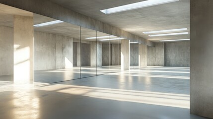 Poster - Contemporary dance studio interior featuring spacious mirrored walls and natural light illuminating the concrete floor and structure.