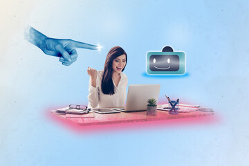 Aufkleber - Composite trend artwork 3D sketch image collage of ai app artificial assistant data robot head finger point young lady office work laptop