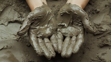 Poster - Close up of mud covered hands showcasing texture and detail with a soft focus background and empty space for creative text or graphics