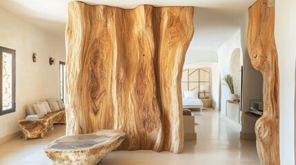 Poster - Natural wood partition in serene interior space enhancing modern design and aesthetic warmth in living area.