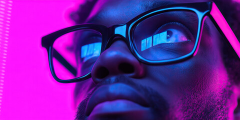 Poster - Close-up of Face with Glasses and Digital Reflection in Neon Lighting