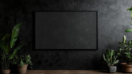 Poster - Black wall with horizontal canvas poster mockup in a modern space featuring greenery and natural elements for interior design inspiration