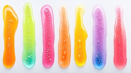 Poster - vibrant gel streaks with water droplets in horizontal rows on a bright background showcasing a theme