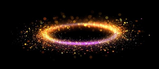 Poster - vibrant neon glitter particles in circular bokeh on black background with empty space for text ideal