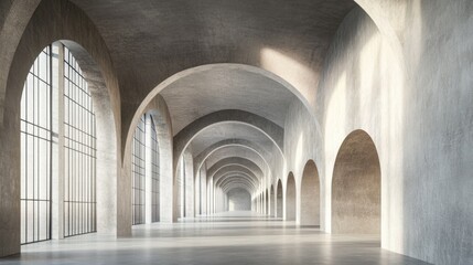 Poster - Industrial Interior Space Featuring Expansive Concrete Vaulted Arches and a Serene Long Passageway with Abundant Natural Light
