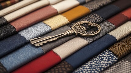 Poster - House key resting on a vibrant array of fabric swatches showcasing texture and color diversity in interior design concepts