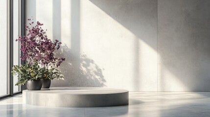 Poster - Minimalist Indoor Podium with Floral Arrangement and Natural Light in Modern Space