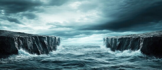Poster - Majestic jagged cliffs towering over a turbulent ocean under a stormy sky with ample negative space for creative text overlay.