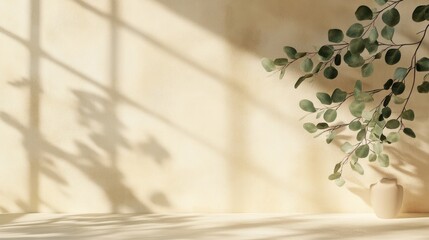 Poster - Elegant Hotel Room Interior with Eucalyptus Plant and Natural Light Shadows Ideal for Text Placement and Design Inspiration