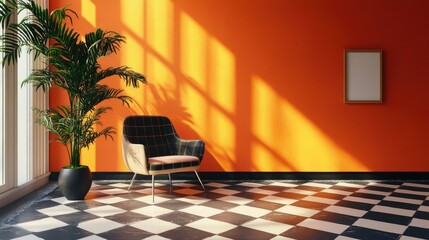 Poster - Modern interior design concept featuring vibrant orange walls, checkered floors, potted plant, and stylish chair casting shadows from natural light.