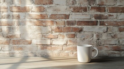 Poster - Cozy interior setting with rustic brick wallpaper and a steaming coffee mug on a wooden table illuminated by soft natural light