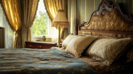 Poster - Elegant hotel room interior featuring luxurious bedding, ornate wooden furniture, and natural light filtering through elegant curtains.