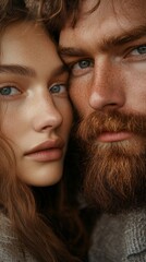 Poster - A striking couple leans closely together, showcasing their expressive blue eyes and well-groomed beards. Their intimate connection is enhanced by the soft lighting, creating a cozy atmosphere