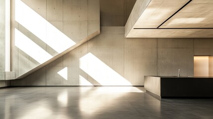 Poster - Minimalistic modern kitchen interior with concrete walls and ample natural light casting shadows on sleek surfaces
