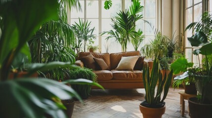 Poster - Cozy Living Room Filled with Lush Houseplants and Natural Light Inviting Relaxation and Comfort