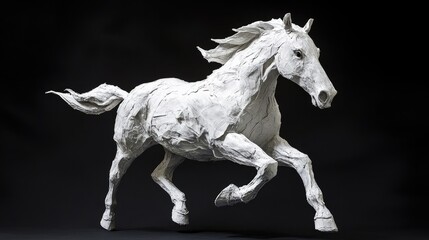 Poster - Dynamic White Horse Sculpture in Motion with Black Background for Artistic and Creative Concepts