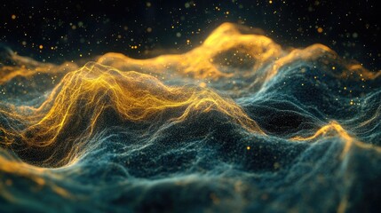 Poster - artistic abstract background of golden and blue particle waves in motion