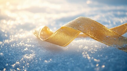 Poster - Elegant Golden Ribbon Bookmark on Snowy Background with Soft Winter Light and Festive Atmosphere for Holiday Text or Gift Decorations