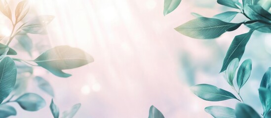 Poster - Spring background with green bokeh leaves on a soft pastel backdrop featuring sunlight and ample copy space for natural design messages.