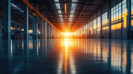 Poster - Modern warehouse interior with sunset view highlighting reflective floor and spacious layout creating an inviting atmosphere